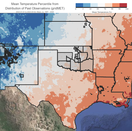 Much of the Southern Plains has had near to above normal temperatures from January 1 to April 2.