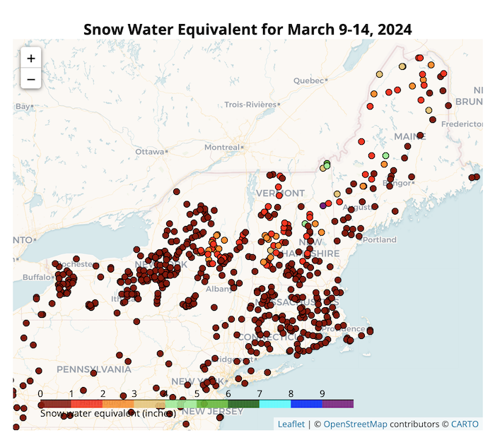 Many sites across the Northeast have 0 to 1 inch of snow water equivalent.