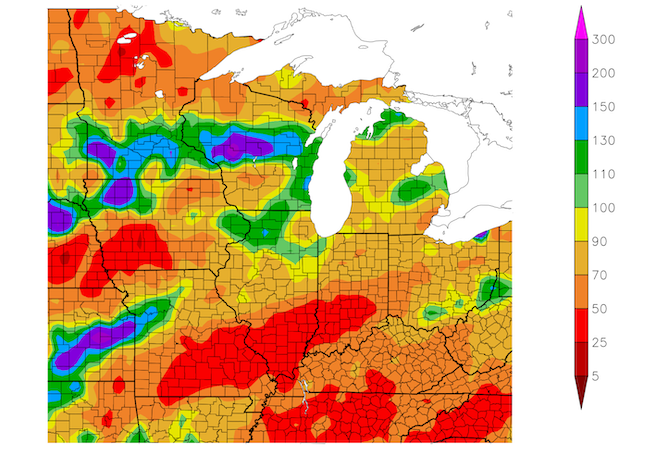 From October 8 to December 6, portions of Illinois, Indiana, Kentucky, Missouri, Iowa and northern Minnesota have received below-normal precipitation. In some areas, precipitation was only 25-50% of normal. Areas in the Upper Midwest received above-normal precipitation, including portions of Wisconsin, Minnesota, northern Iowa, and northern Illinois. Some areas received 150-200% of normal precipitation.