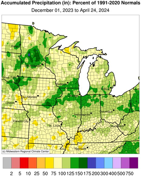 From December 1, 2023 to April 22, 2024, many states across the Midwest experienced near- to above-normal precipitation, with amounts 75%-200% of normal. Areas with only 50%-75% of normal precipitation include portions of Missouri, Kentucky, and the Upper Peninsula of Michigan.