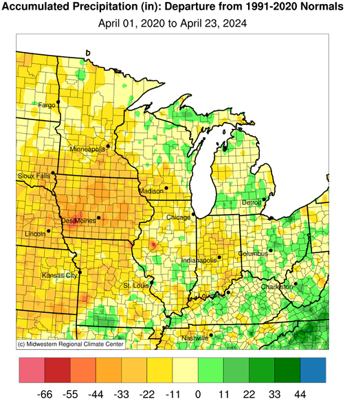 Over the past 4 years, precipitation has been well below normal across much of the Midwest, with deficits of 22 inches or more in Iowa and portions of Minnesota, Wisconsin, Missouri, and Indiana. Precipitation was slightly above normal in portions of Ohio, Michigan, Kentucky, and northern Wisconsin.