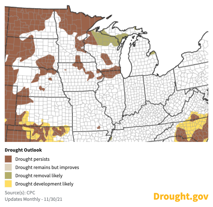 Climate Prediction Center 1-month drought outlook, showing the probability drought conditions persisting, improving, or developing during December 2021. Drought is expected to persist across northern Minnesota, Iowa, and southern Wisconsin/northern Illinois, with potential drought removal in northern Wisconsin and the Upper Peninsula of Michigan.