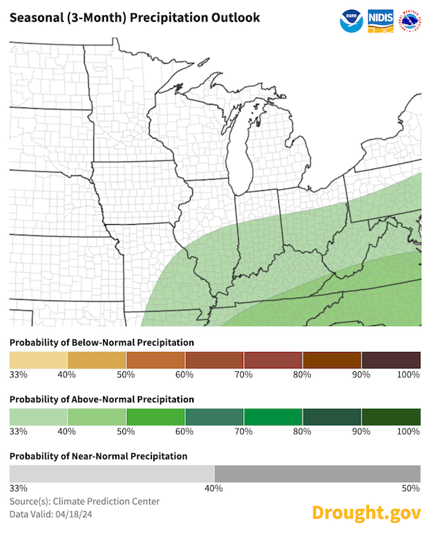For May through July, odds favor above-normal precipitation (33%-50% probabilities) across southern portions of the Midwest, including southeast Missouri, southern Illinois, Kentucky, southern Indiana, and southern Ohio.