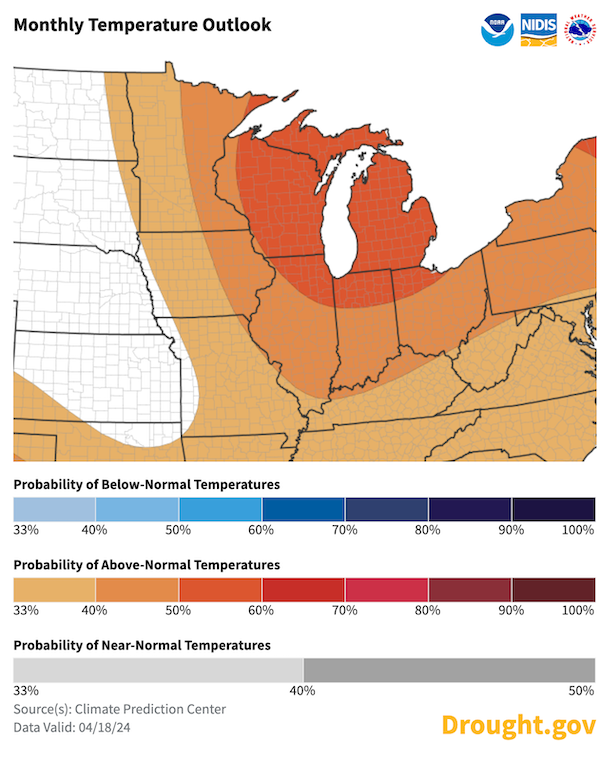 For May, odds favor above normal temperatures (33%-60% probabilities) across the Midwest, with the highest probabilities in the Upper Midwest
