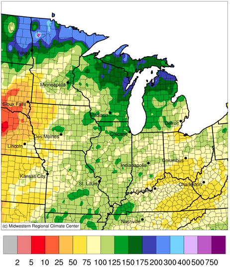 Percent of normal precipitation for the Midwest from March 1–April 28, 2022, compared to 1991–2020 normals. Precipitation since March 1st has been near- to above-normal across a majority of the Midwest region.