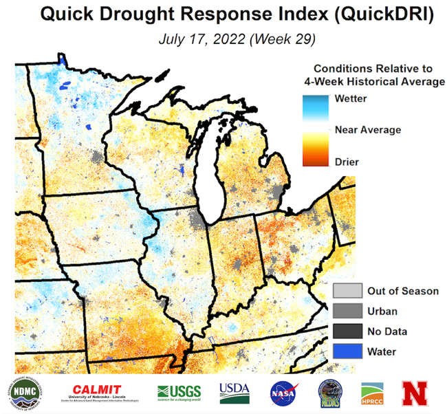 According to the July 17 Quick Drought Response Index, much of the Midwest is experiencing increased vegetative stress.