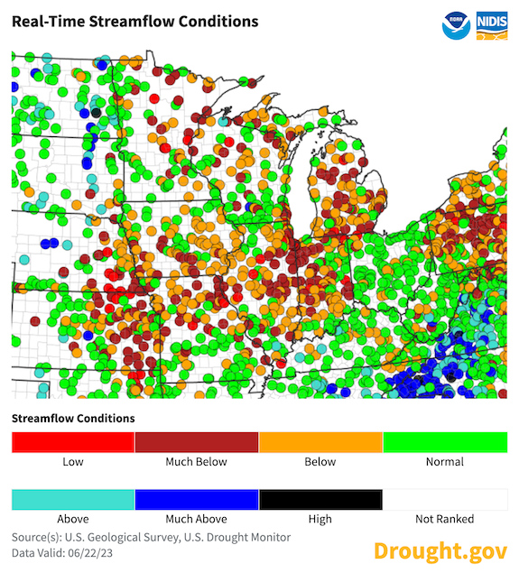 Many U.S. Geological Survey streamgages in the Midwest are showing below-normal streamflow.
