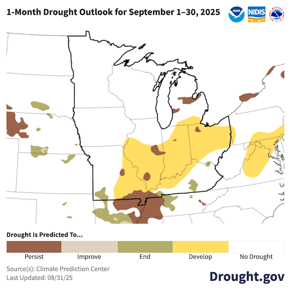 NOAA’s Climate Prediction Center predicts that drought will persist and possibly develop by the end of September across portions of Missouri, Illinois, Indiana, Ohio, northern Kentucky, and Michigan. Drought is likely to end by the end of September in southwest Missouri and southern Kentucky.