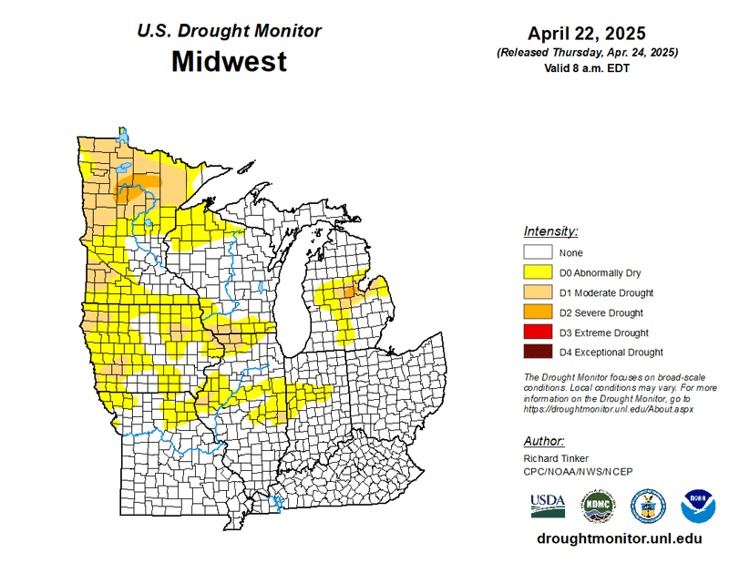 Areas in the Midwest where drought has improved over the last 9 weeks include portions of Minnesota, Iowa, and central Illinois. Drought has worsened across portions of northern Illinois, northwest Indiana, southern Iowa, and northern Missouri.