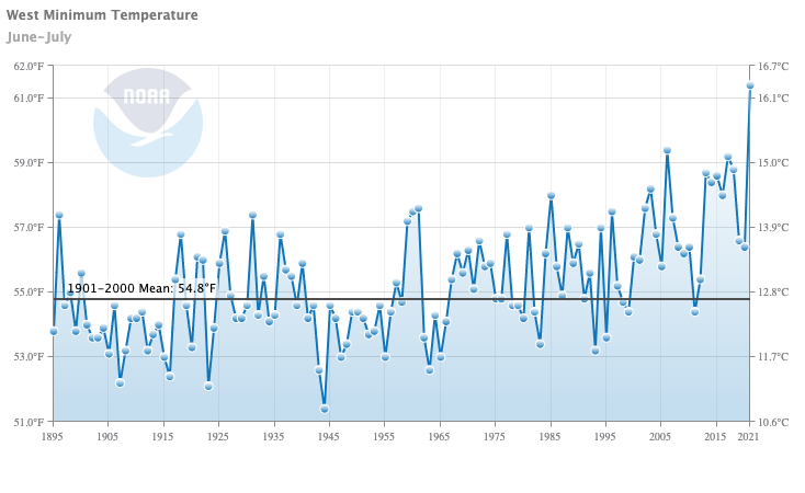 A timeseries of the California Nevada spatially averaged minimum daily temperature (bottom) for June and July from 1895-2021. Notably, the region had the warmest June-July minimum and maximum temperatures in the instrumental record in July 2021.