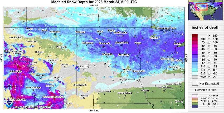 Parts of the Northern Plains (Minnesota, North Dakota, northern and eastern South Dakota, northeastern Montana) have modeled snow depth ranging from 4 to 30+ inches as of March 24.