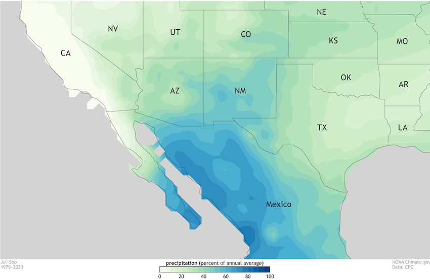 Percent of average precipitation that arrives during the annual North American Monsoon for the Southwest U.S.