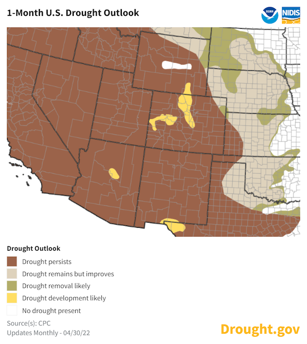 The Climate Prediction Center's May 2022 drought outlook predicts that drought conditions across the western U.S. will persist.