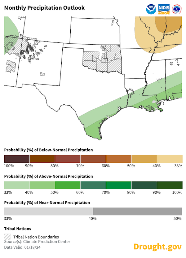 February precipitation shows an equal chance of above-, near-, or below-normal totals across much of the Southern Plains, according to Climate Prediction Center’s outlook. The exception is in far southern Texas and along the Gulf Coast, where odds slightly favor above-normal precipitation.