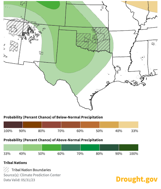 Odds favor a wet month for western Texas, Oklahoma, Kansas, and eastern New Mexico for June.