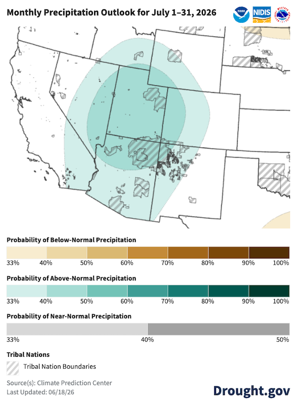  The July precipitation outlook indicates an increased likelihood of above-normal precipitation (shaded teal) across parts of the Intermountain West and Southwest, with a 33% or greater  probability spanning from Arizona to southern Idaho/Wyoming, and a higher 40%–50% core probability over Utah, western Colorado, and northern Arizona. 