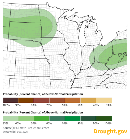 According to NOAA's Climate Prediction Center, there are  equal chances for above-, near-, or below-normal precipitation across much of the Midwest.