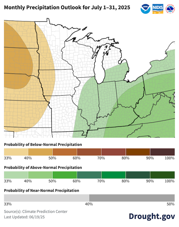 For July, odds favor above-normal precipitation (33%-50% probabilities) across portions of Illinois, Indiana, Kentucky, Ohio, and Michigan. Odds favor below-normal precipitation (33%-40% probabilities) across far western Iowa and Minnesota.