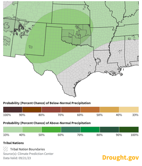 For October 2023, odds favor above-normal precipitation across most of the Southern Plains, except along the Gulf Coast of Texas.