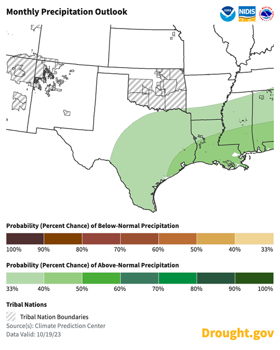 Maps of North America showing the probability of above or below normal precipitation for  November 2023. The outlook shows an increased chance of above normal precipitation along the gulf coast for November.