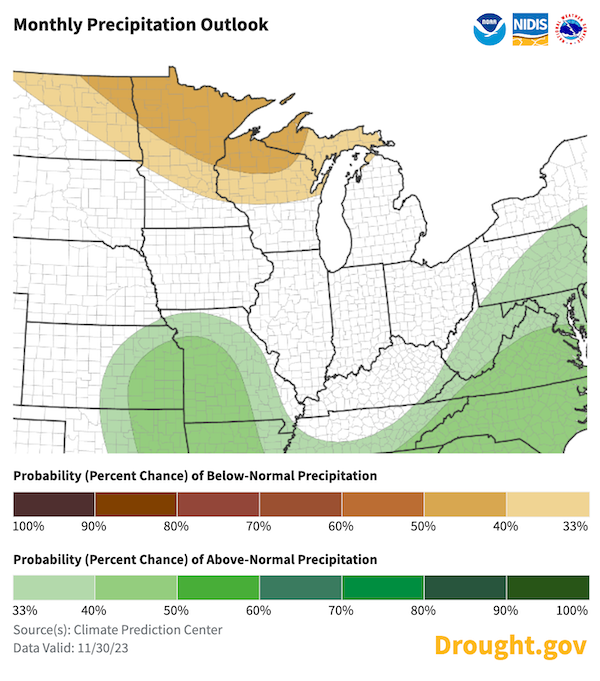 For December, odds favor below-normal precipitation in northern and central Minnesota and Wisconsin. Above-normal precipitation is favored in much of Missouri, with equal chances of above- or below-normal precipitation in the rest of the Midwest.