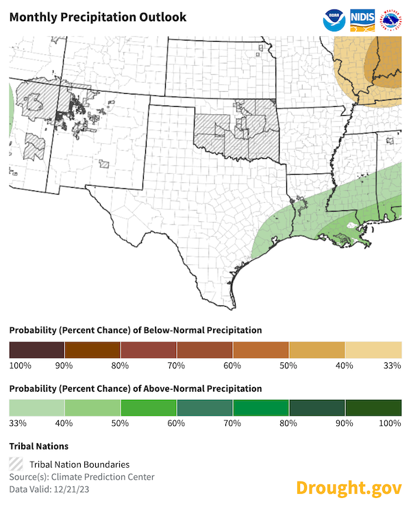 In January 2024, there is a near-equal chance of above or below-normal precipitation across the Southern Plains, except for a small slice of the gulf coast region of eastern Texas. 