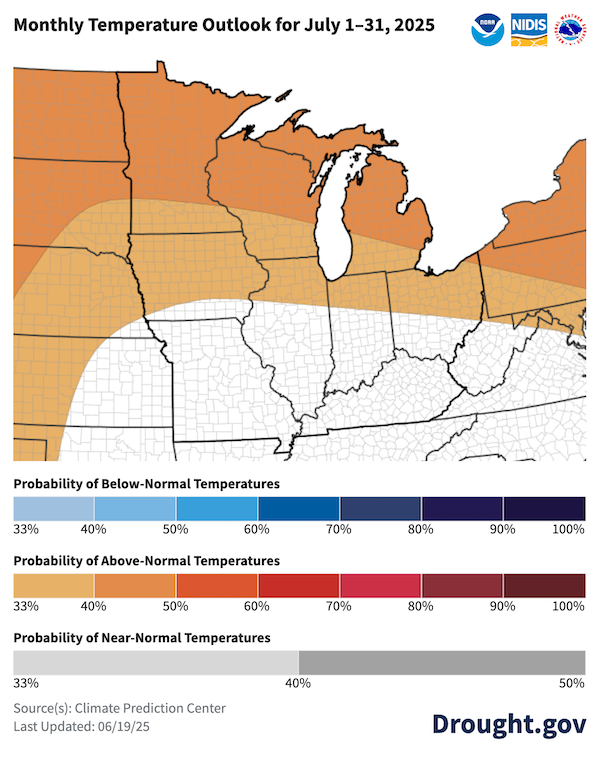For July, odds favor above-normal temperatures (33%-50% probabilities) across the Upper Midwest, including Minnesota, Wisconsin, Michigan, Iowa, and northern Illinois, Indiana, and Ohio.