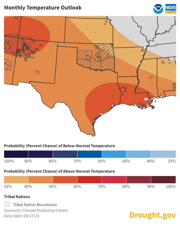 This map shows the monthly temperature outlook for the Southern Plains for September 2023, by the National Weather Service Climate Prediction Center. Above normal temperature chances are favored for the Southern Plains.