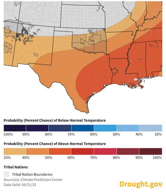 For October 2023, odds favor above-normal temperatures across Texas, southern and central Oklahoma, and southern and central New Mexico.