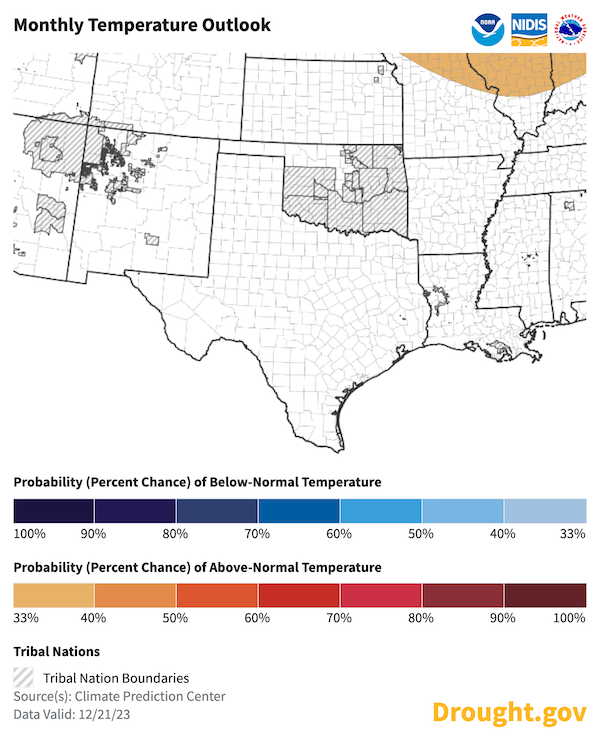 For January 2024, there is a near-equal chance of above or below-normal temperatures across all of the Southern Plains. 