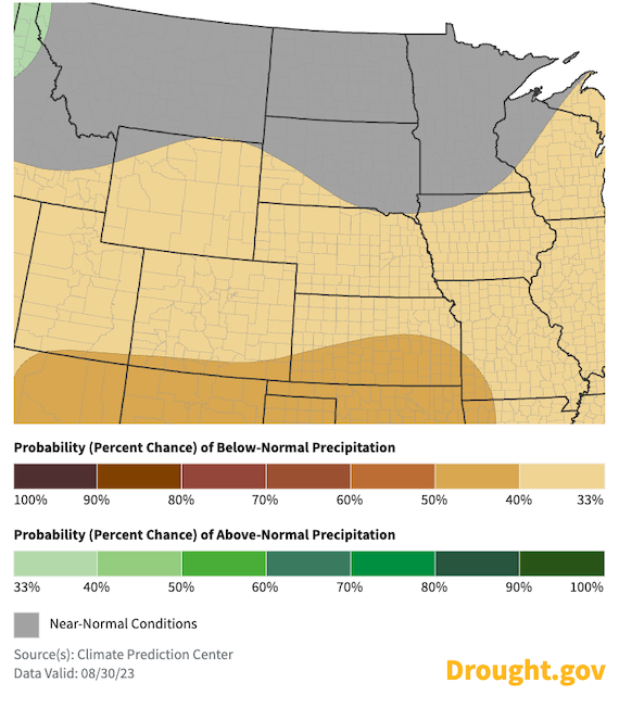 For September 7th through 13th, odds favor below-normal precipitation across the lower Missouri River Basin, with near-normal conditions favored for Montana, North Dakota, most of Minnesota, and all but southwestern South Dakota.