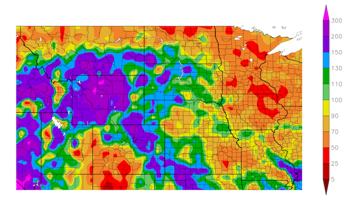 Portions of northern Montana and North Dakota, as well as eastern parts of the Missouri River Basin (Iowa, Missouri, eastern Kansas, central Nebraska) saw below-normal precipitation over the past 30 days.
