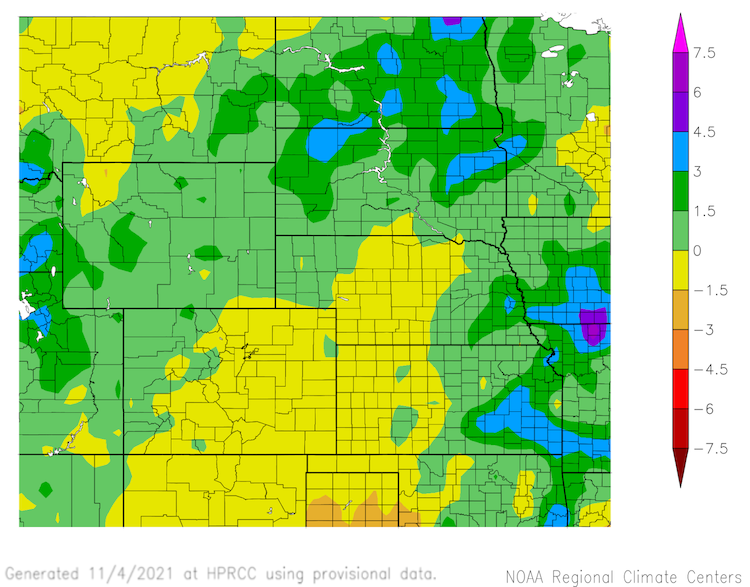 This map shows the 30-day departure from normal precipitation (October 5-November 3, 2021) for states in the Missouri River Basin. Precipitation has been above-normal in North Dakota, South Dakota, Wyoming, and southeast Montana over the last 30 days. On the other hand, much of Montana, eastern Colorado, central Nebraska and western Kansas received below-normal precipitation (up to 1.5 inches below normal). 