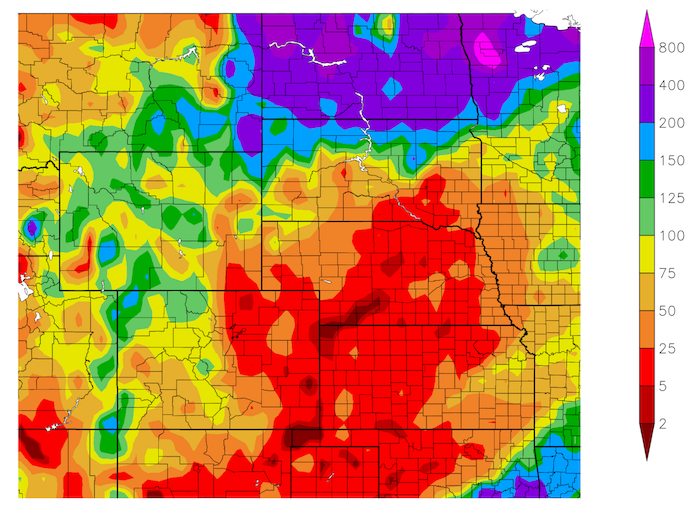 From March 29 to April 27, precipitation across eastern Colorado, Kansas, Nebraska, and southern South Dakota has been between 5%-50% of normal.