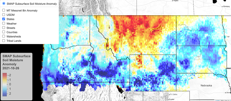 oil Moisture Active Passive (SMAP) Level 3 subsurface soil moisture anomalies calculated using the NASA-USDA Enhanced SMAP Global soil moisture dataset. Soil moisture recharge has not happened across much of Montana, northwest Wyoming, and northwest North Dakota