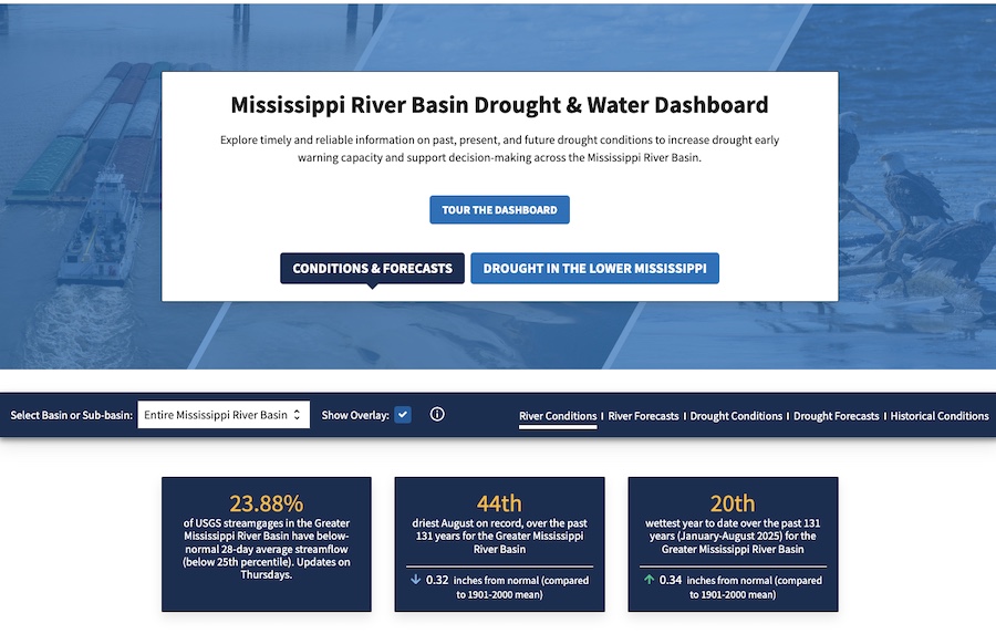 Home page of the Mississippi River Basin Drought & Water Dashboard, showing statistics for the entire Mississippi River Basin, as well as navigation buttons.