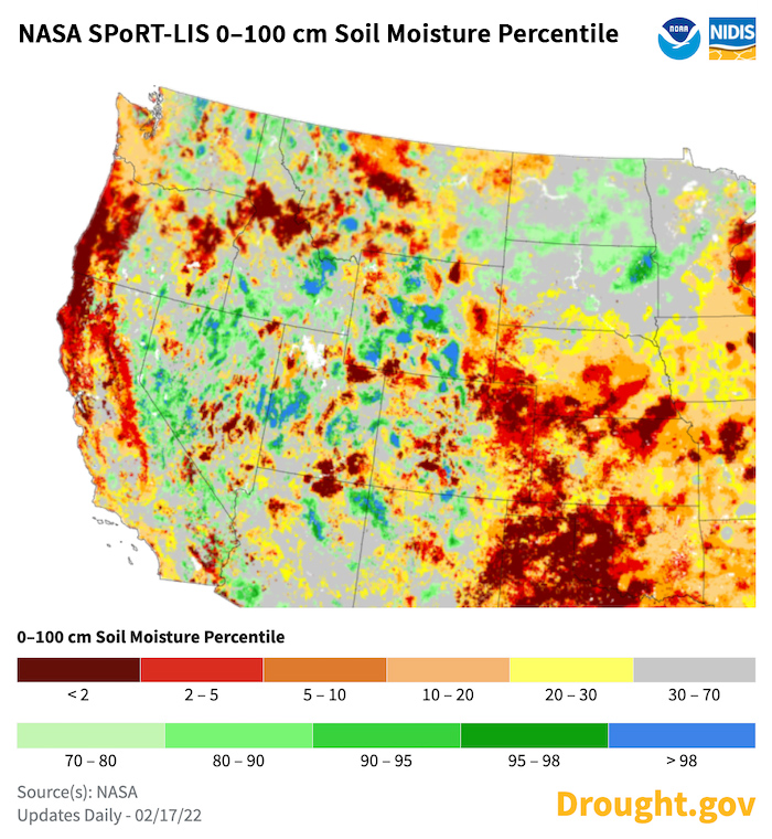 0 to 100 cm soil moisture percentiles for the western U.S as of February 17, 2022. Parts of coastal California, Oregon, and Washington are experiencing soil moisture deficits.