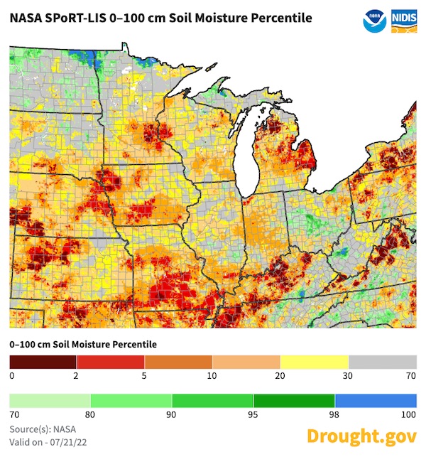 According to NASA SPoRT-LIS 0-100cm soil moisture percentiles, all states in the Midwest are experiencing some areas with soil moisture below 30% of normal.