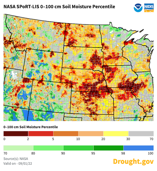 Soil moisture is significantly below normal across much of Nebraska and northern Kansas, as well as portions of Iowa, South Dakota, North Dakota, and Wyoming