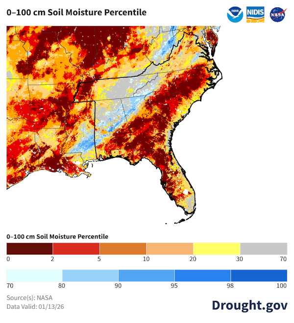 Soil moisture conditions for most of the region are below normal, while some portions have seen improvement in conditions due to recent rainfall. 