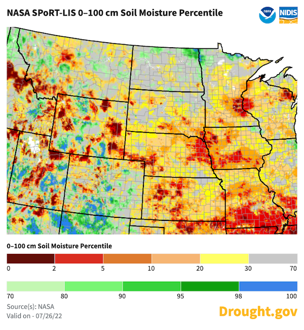 Soil moisture is below normal across much of the Central Plains, according to data from NASA SPoRT-LIS.
