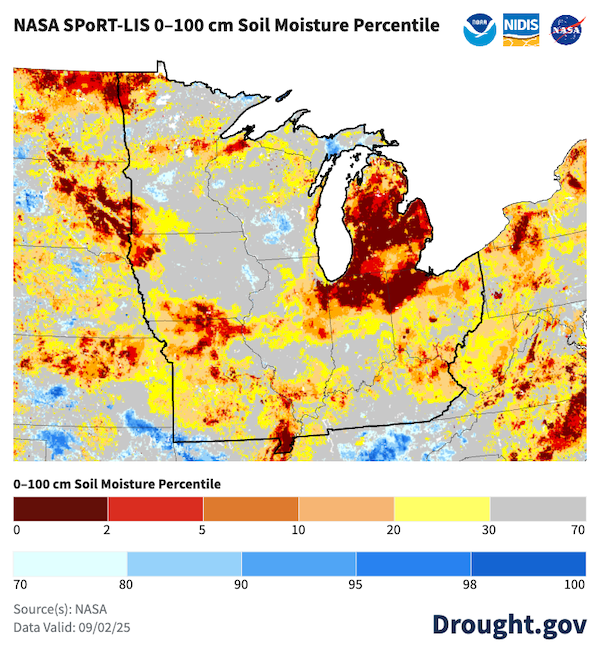 Soil moisture conditions for the top 100 cm of soil are below normal in some areas including Michigan, northern Indiana, northwest Ohio, Missouri, southern Iowa, and portions of Kentucky, Minnesota and Wisconsin.