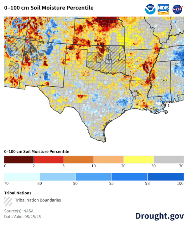 Map of the Southern Plains states showing modelled soil moisture as of August 25 based on the NASA SPoRT-LIS model. Very dry soils evident across southwestern Oklahoma, extending north and east into east-central parts of Kansas and extending into eastern Nebraska.  
