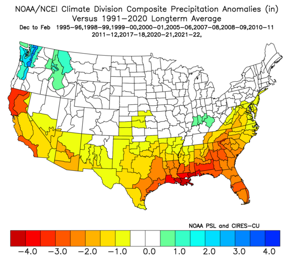 Average precipitation anomalies (inches) across the US during La Nina winters since 1990, showing below-normal precipitation for the southern United States.