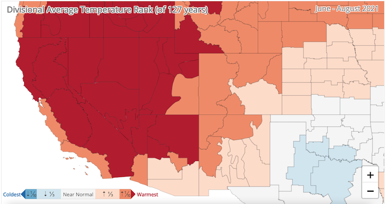 A map of the southwestern U.S. showing the June through August average temperature rankings, going back to 1895. The southwest is all warmer than normal, and parts of AZ, UT, WY, ID, WA, CA, and NV had their warmest June–August on record.