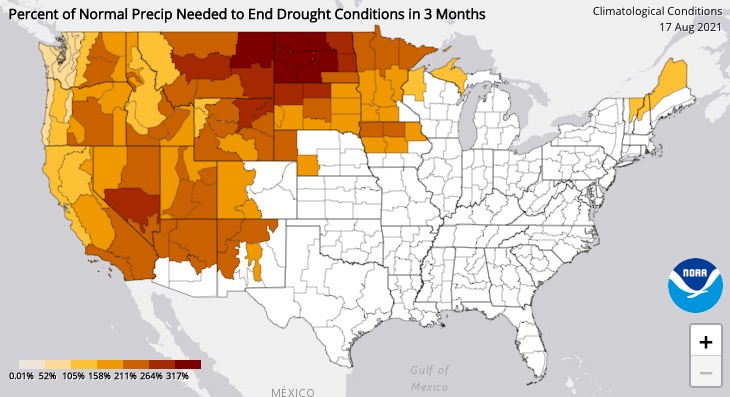 Percent of normal precipitation needed to end drought conditions in 3 months by U.S. climate division as of August 17, 2021. This is based on the Palmer Hydrological Drought Index (PHDI). Dark brown colors indicate that over 300% of normal precipitation is needed to end drought.  Drought removal is very unlikely in many areas, though easing may occur.