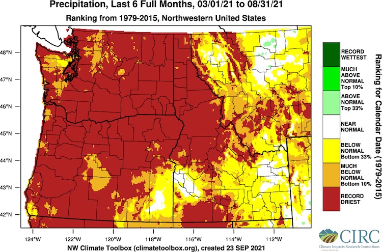  Map of Washington, Oregon, Idaho, and Montana west of the Rocky Mountains shows March through August precipitation  for the majority of the region ranked as the record driest with areas of “much below” or “below normal” precipitation rankings compared to the period from 1979-2015. Most of Washington and Oregon shows record driest, except for southwest Oregon which is much below to below normal. The Idaho panhandle is record driest with southern Idaho showing below normal except for a patch of record driest in the southwest portion of the state. 