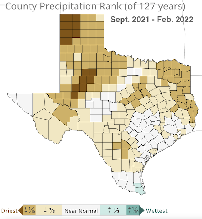 Precipitation rankings by county for September 2021 to February 2022.