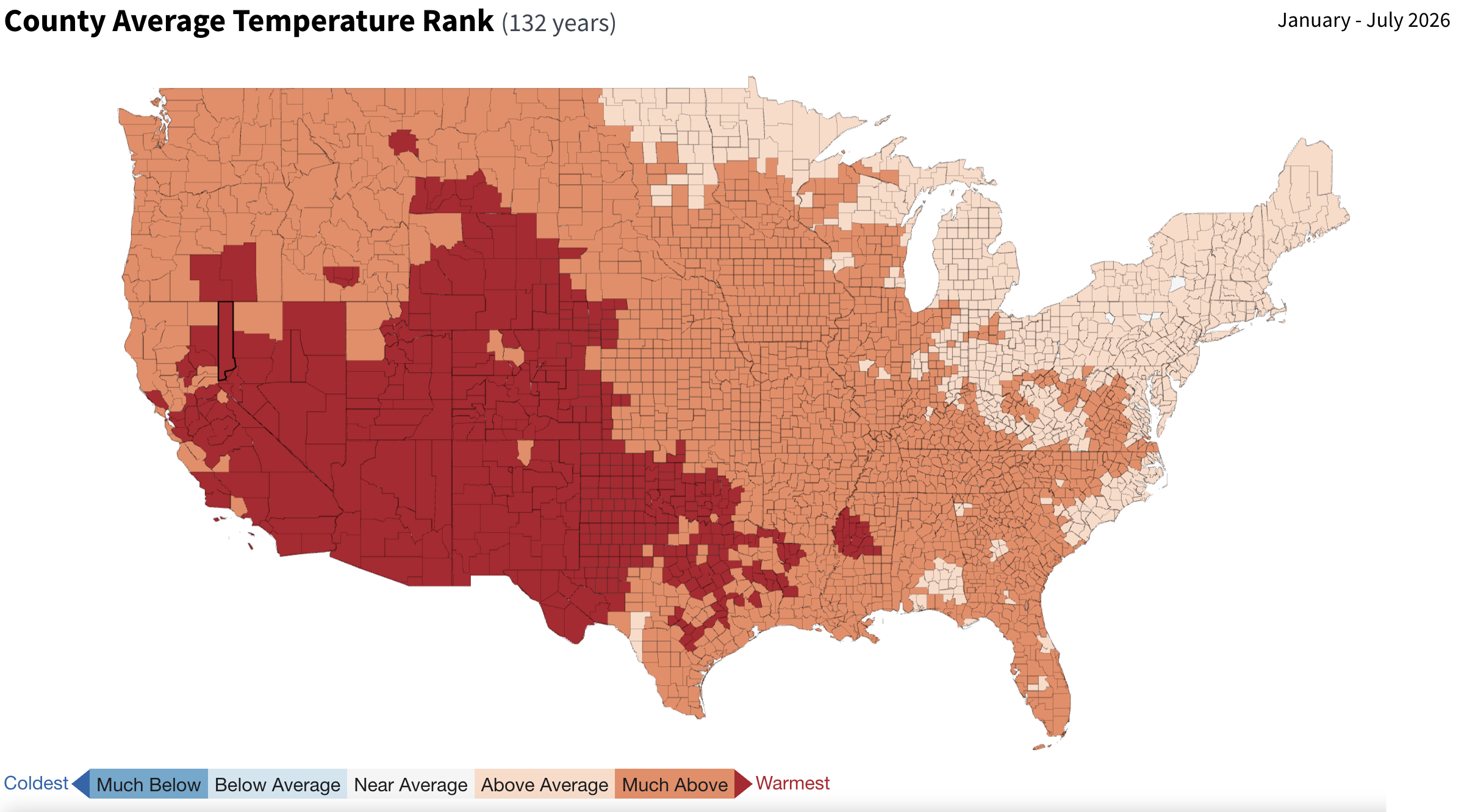 County average temperature rankings for the contiguous U.S. Nearly every county in the Intermountain West has experienced their warmest year on record (January to July 2026).
