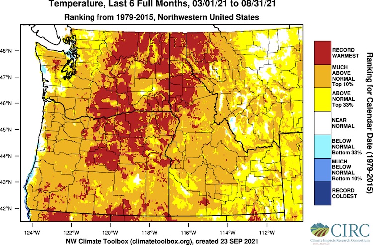 Map of Washington, Oregon, Idaho, and Montana west of the Rocky Mountains shows March through August temperatures ranked much above normal for the majority of the region with areas of record driest along the eastern side of the Cascade Mountains and Idaho panhandle and an area of above normal in southwest Idaho.